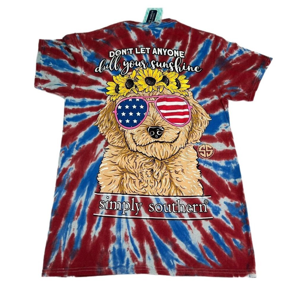 Simply Southern T-Shirt Womens Small Red White Blue Tie Dye Dog Patriotic Flower